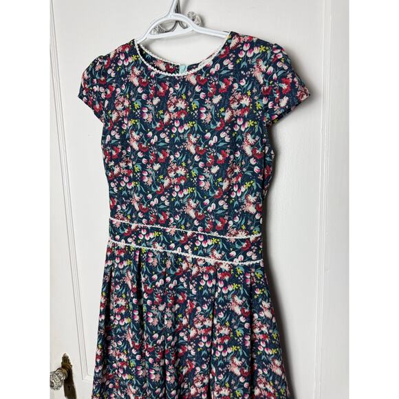 Molly Bracken Dress Women's Small Floral Colorful Navy Blue Short Sleeve Mini - Picture 2 of 6